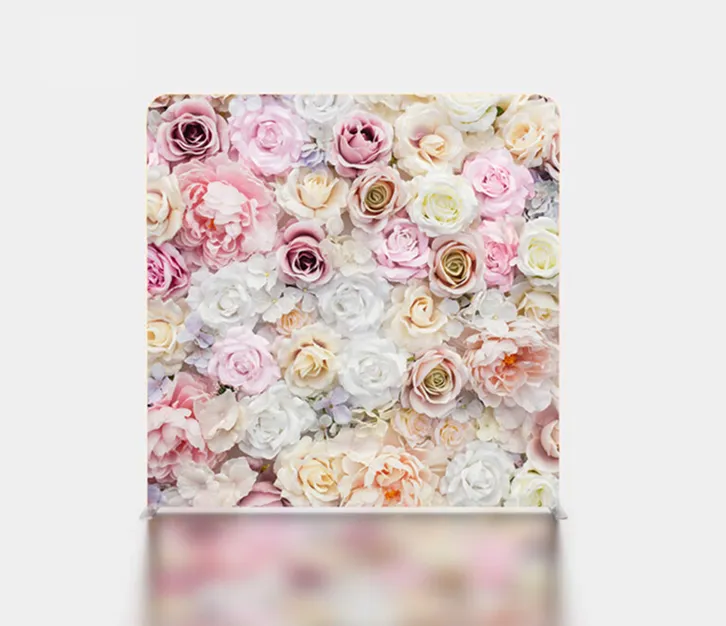 Flower wall photo booth backdrop with pink and white blooms